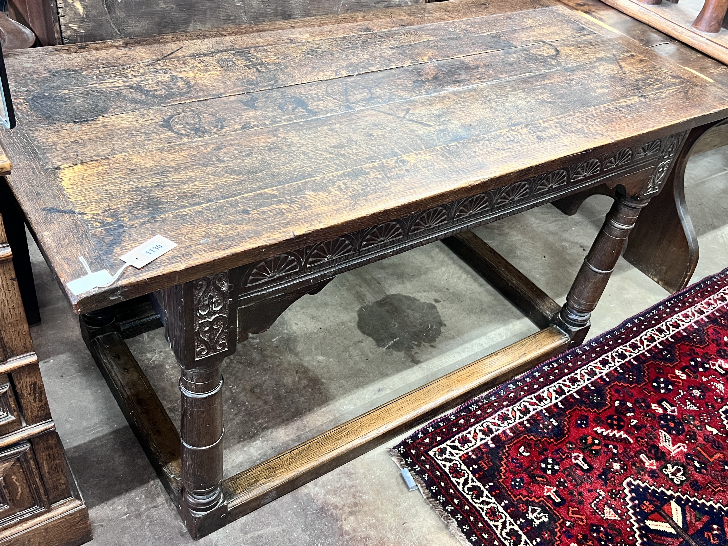 An 18th century style oak refectory table, length 152cm, depth 71cm, height 77cm